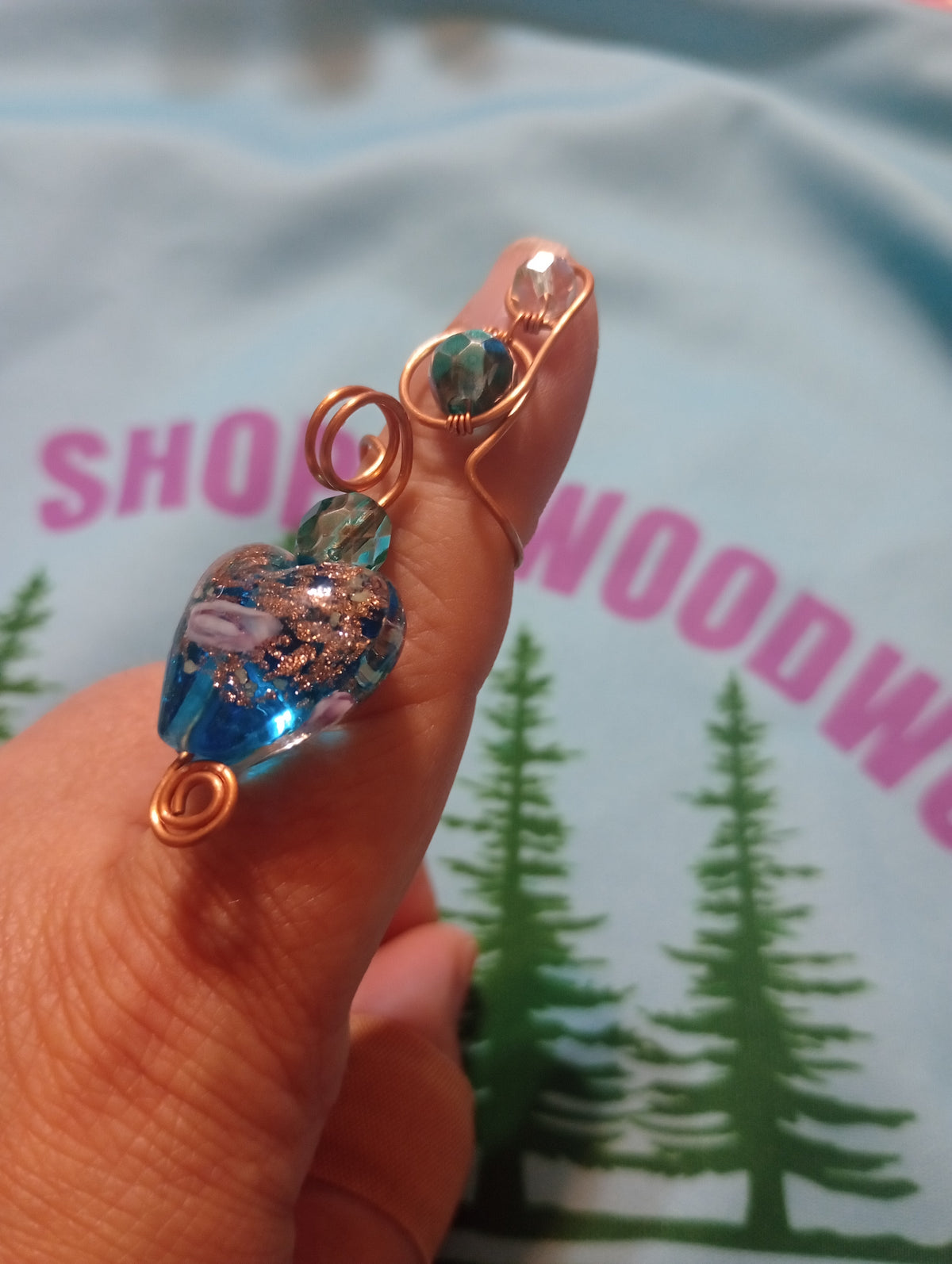 Token Ring (Glow in the Dark Blue and Gold Heart with Blue and Clear Glass Beads)