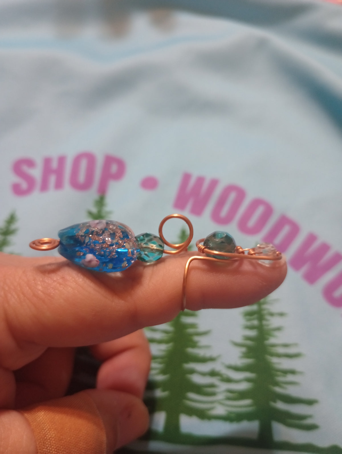 Token Ring (Glow in the Dark Blue and Gold Heart with Blue and Clear Glass Beads)